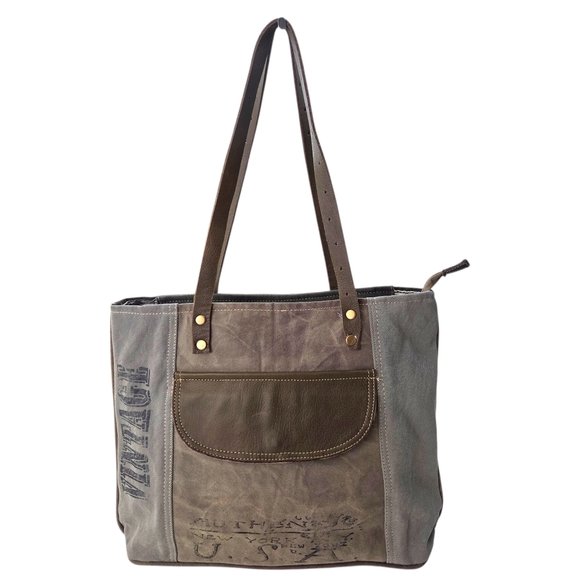Myra Canvas Leather Tote Bag Purse Distressed Upcycled Western Vintage Handbag - Picture 1 of 14